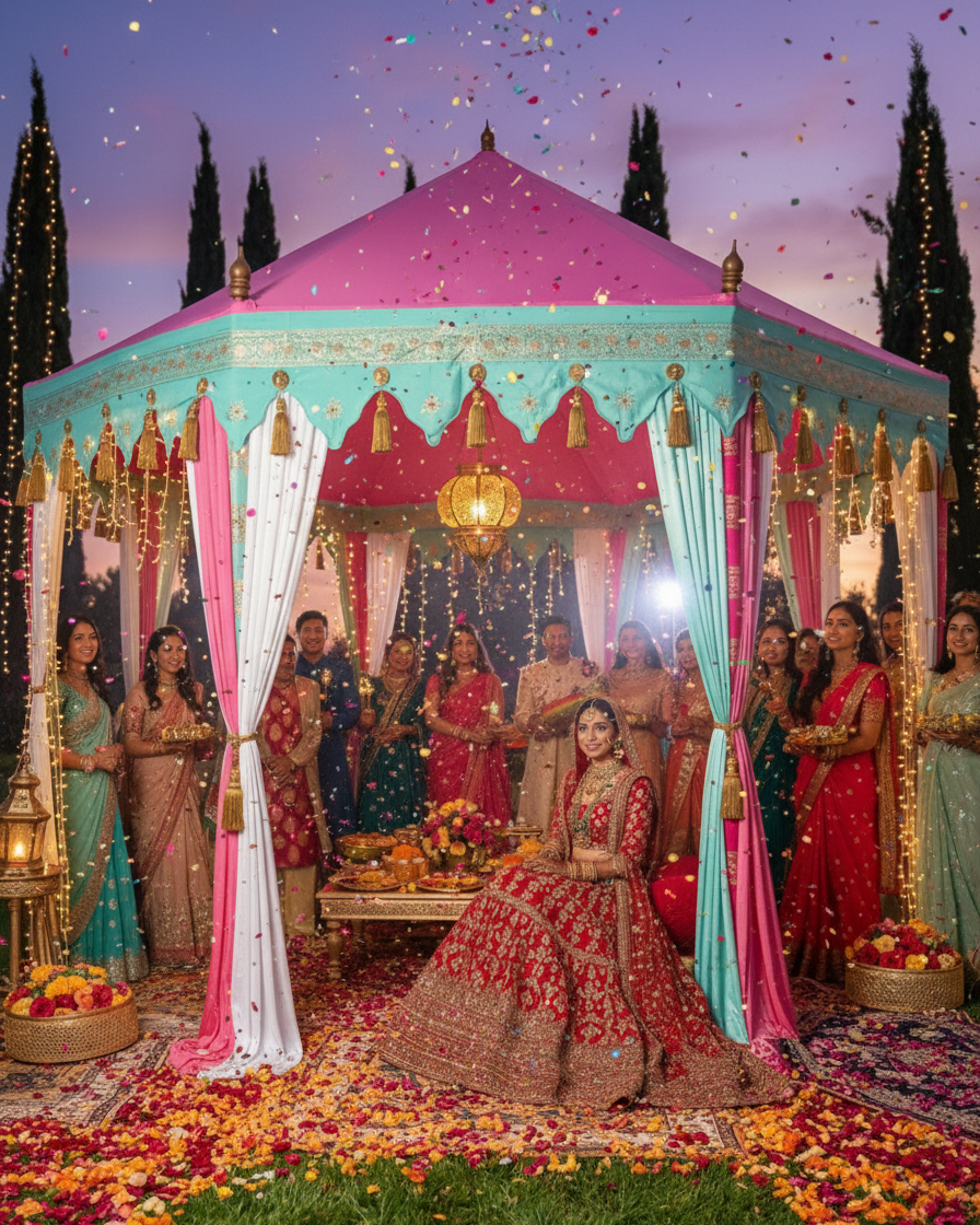 A bride in a red lehenga sitting under a vibrant pink and turquoise luxury Indian wedding tent for a Mendhi ceremony in Los Angeles, featuring traditional Rajasthani decor and gold tassels.