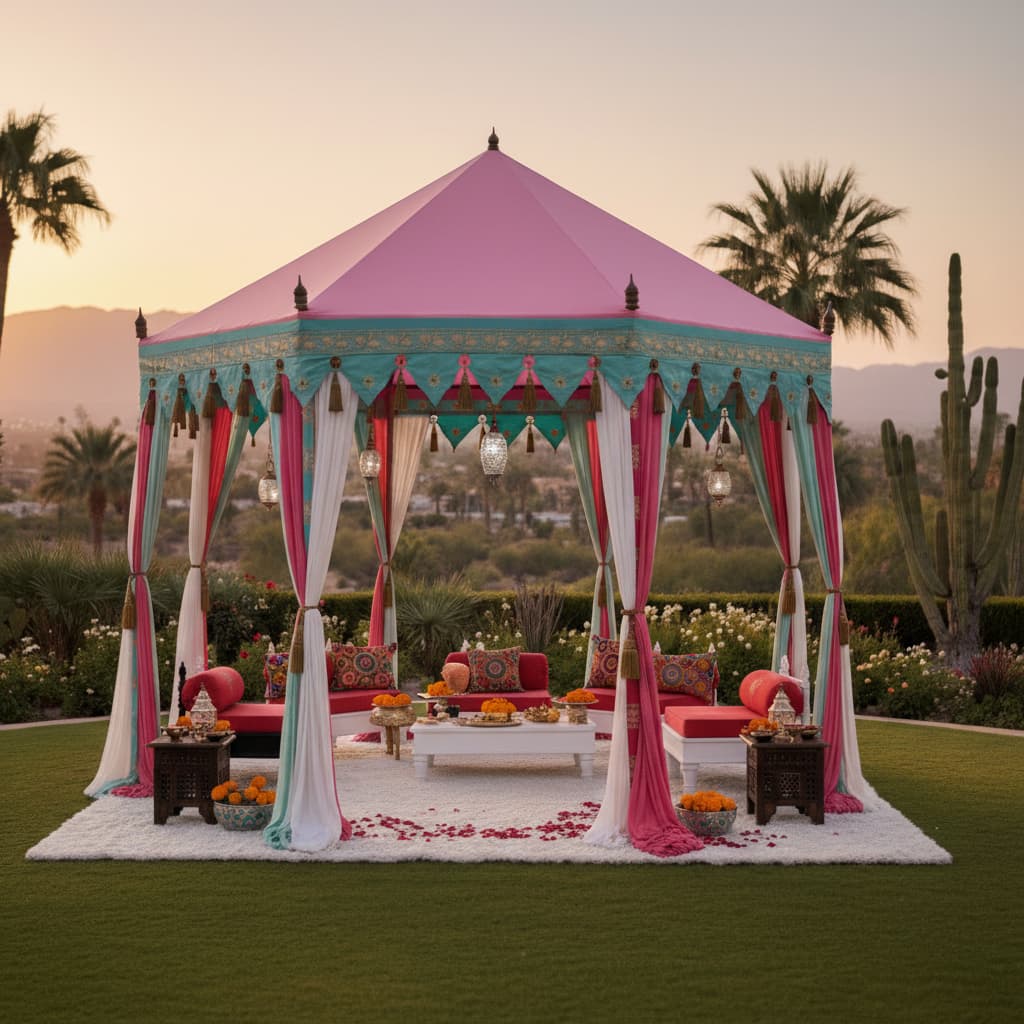 A royal pink and teal Raja pavilion tent used as an outdoor Indian wedding Mandap, featuring silk drapes, ornate valances, and low-level lounge seating in a California desert setting.