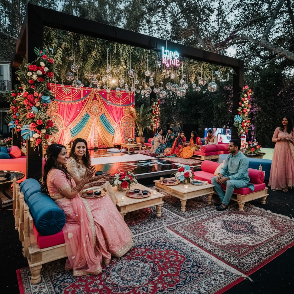 Outdoor Mehndi and Haldi celebration featuring low-seating floor cushions, colorful embroidered bolsters, and traditional Rajasthani backdrops for a California garden wedding