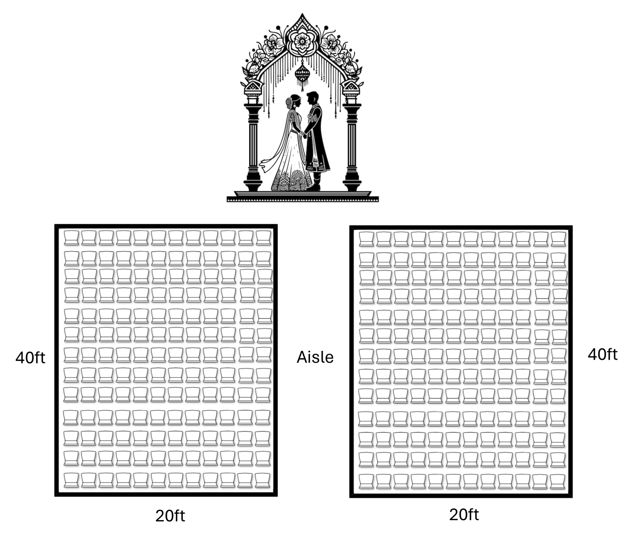 Bride and groom standing under a floral wedding arch, holding hands, with seating charts below (illustration)