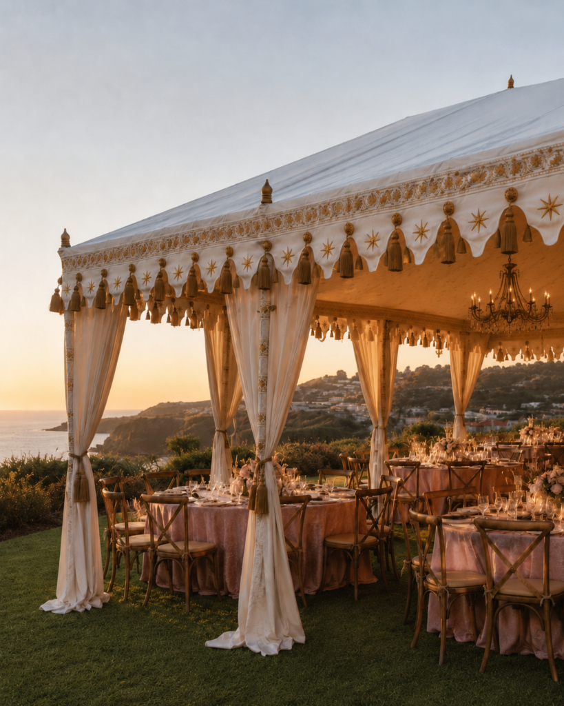 Elegant outdoor wedding reception under a white, tassel-adorned canopy with candlelit tables by the coast at sunset.